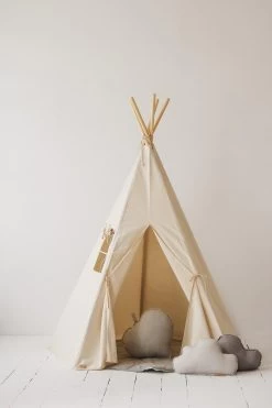 Beige Teepee And Grey Linen Round Mat Set -Kids Toys Store beige teepee and mat set 158117