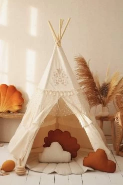 Boho Teepee Tent With Frills And Caramel Mat With Frill Set -Kids Toys Store boho teepee with frills and seashell mat set 115664