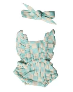 Checker Romper With Headband | Seafoam