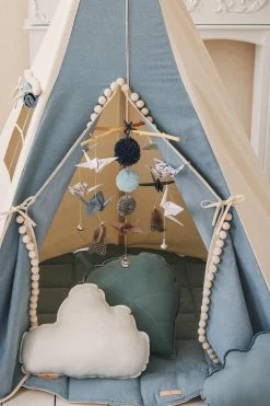 Jeans Teepee With Pompoms And Round Mat Set -Kids Toys Store jeans teepee with pompoms and mat set 727003