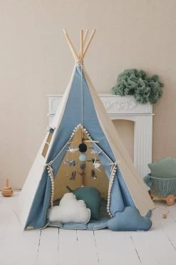 Jeans Teepee With Pompoms And Round Mat Set -Kids Toys Store jeans teepee with pompoms and mat set 826940