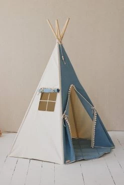Jeans Teepee With Pompoms And Round Mat Set -Kids Toys Store jeans teepee with pompoms and mat set 890382