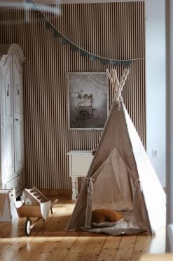 Natural Linen Teepee Tent And White And Grey Leaf Mat Set -Kids Toys Store natural linen teepee and mat set 258143