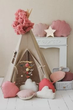 Natural Linen Teepee Tent And White And Grey Leaf Mat Set -Kids Toys Store natural linen teepee and mat set 775750