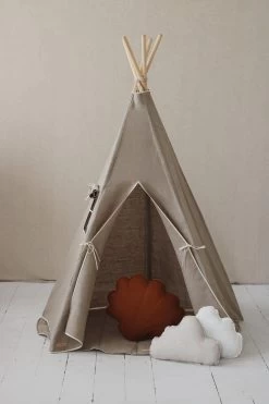 Natural Linen Teepee Tent And White And Grey Leaf Mat Set