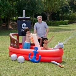 Water Fun Inflatable Pirate Ship Sprinkler Play Center With Pump, Beach Balls, & Accessories | Red -Kids Toys Store waterfuninflatablepirateshipsprinklerplaycenterwithpump beachballs accessories red 2